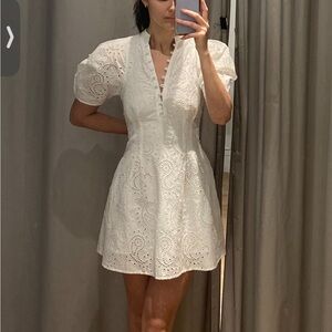 Club Monaco White Puff Sleeve V-Neck Mini Dress